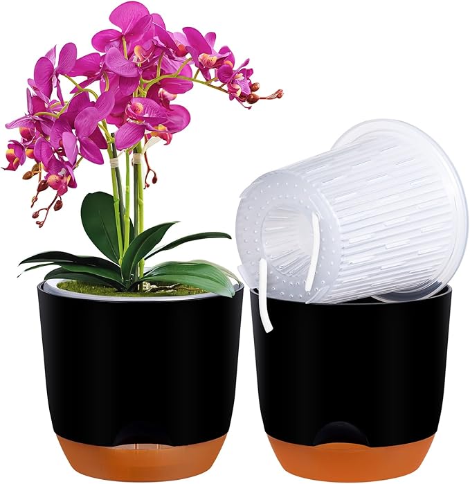QCQHDU 2 Pack 5.7 Inch Orchid Pots with Holes for Repotting, Double-Layer and Self Watering Orchid Pot with Good Air Circulation