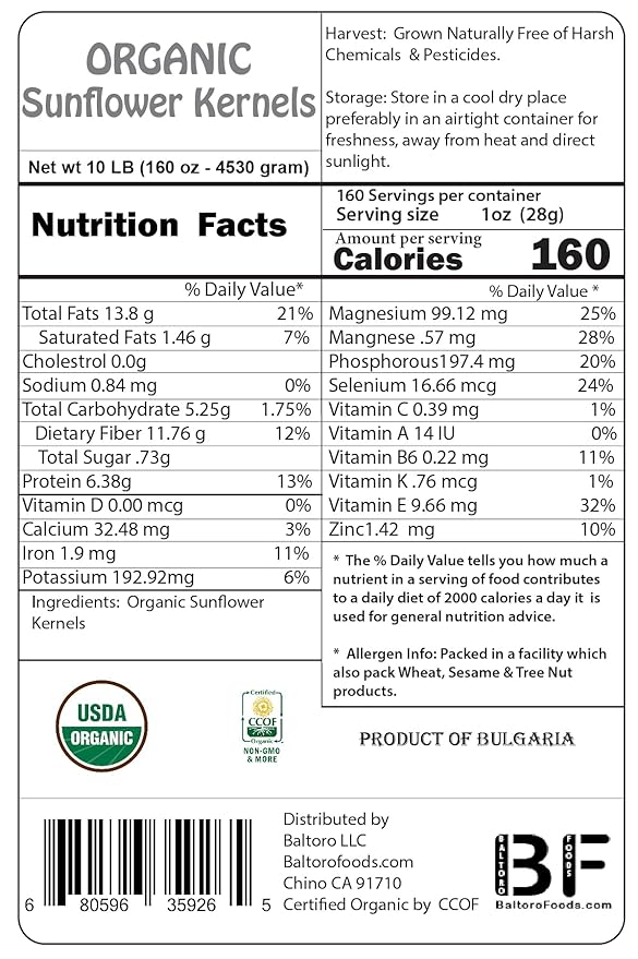 Organic Sunflower Seeds-Kernels- Hulled Raw non-GMO Unsalted Keto Vegan (3lb)