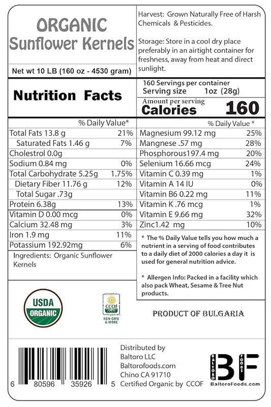 Organic Sunflower Seeds-Kernels-Hulled Raw non-GMO Unsalted Keto Vegan