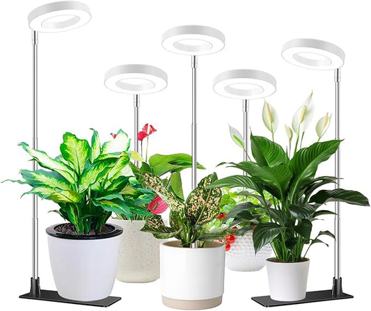 Grow Lights for Indoor Plants, Full Spectrum Small Halo Plant Grow Light with Base, 48 LED Growing Lamp 10 Levels Dimmable Auto On Off 3/9/12 Hrs Timer for Small Plants, White, 3.5in, 5 Pack