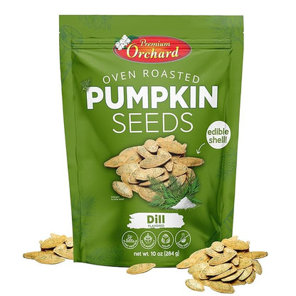 PREMIUM ORCHARD Flavored Pumpkin Seeds Oven Roasted | Dill Flavor | High Protein Snacks for Kids and Adults | Vegan Snack | Non GMO | KETO