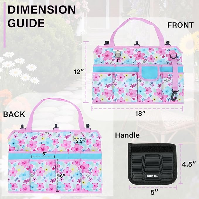 KUNN Gardening Gift for Women Men 5 Gallon Bucket Tool Organizer with 18 Pockets, Heavy-Duty Bucket Buddy Caddy Bag, Garden Tools Organizer Storage with Comfort Grip Handle Pad Attachment,Pink