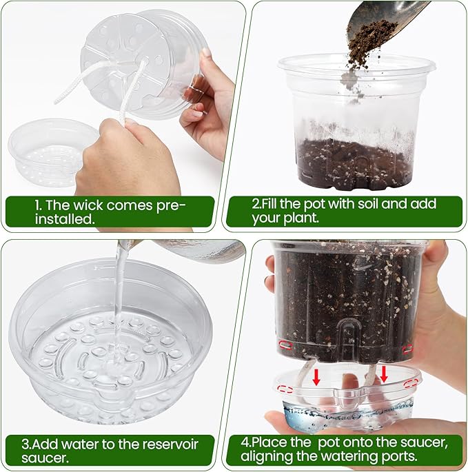 MIXC 18 Packs 6.5/5/4 Inch Self Watering Pots for Indoor Plants - Clear Nursery Plant Pots with Drainage, Deep Visible Reservoir - Flower Planter Outdoor with Wicking Rope