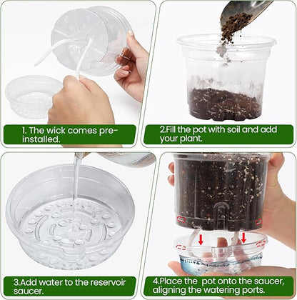 MIXC 18 Packs 6.5/5/4 Inch Self Watering Pots for Indoor Plants - Clear Nursery Plant Pots with Drainage, Deep Visible Reservoir - Flower Planter Outdoor with Wicking Rope