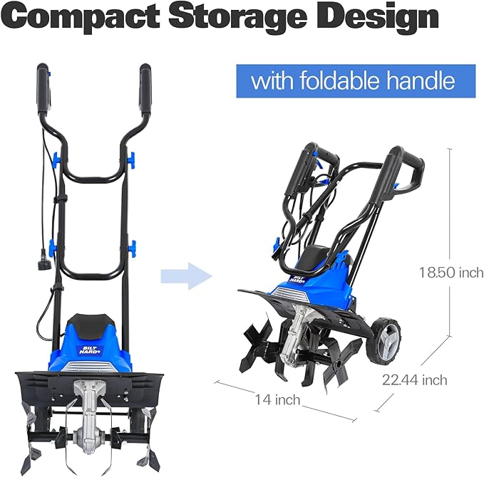 BILT HARD 14" 10Amp Electric Garden Tiller | 4 Steel Tines Tiller Cultivator with Foldable Handle & Adjustable Wheels for Soil Cultivation, Weeding, Portable Gardening