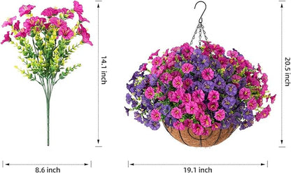 Artificial Fake Hanging Flowers Plants Baskets for Outdoors Spring Summer Decoration, UV Resistant Faux Silk Morning Glory in Planter Realistic for Outside Porch Patio Balcony Garden Yard Home Decor