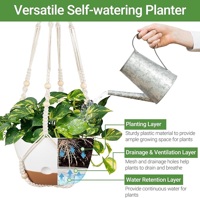 Mkono Hanging Planters for Indoor Plants, 2 Pack 10 Inch Self Watering Pots with Macrame Plant Hangers 2 Kinds Hanging Basket for Outdoor Garden Home Ceiling Window Decor