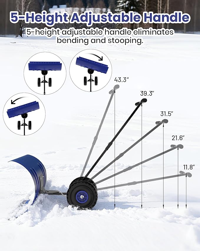 36” Snow Shovel for Driveway,Heavy Duty Wheeled Rolling Shovels 5 Position Angled Blade, Ergonomic Handle & Rubber Wheels for Efficient Snow Removal, Snow Plow for Doorway,Driveway and Sidewalks
