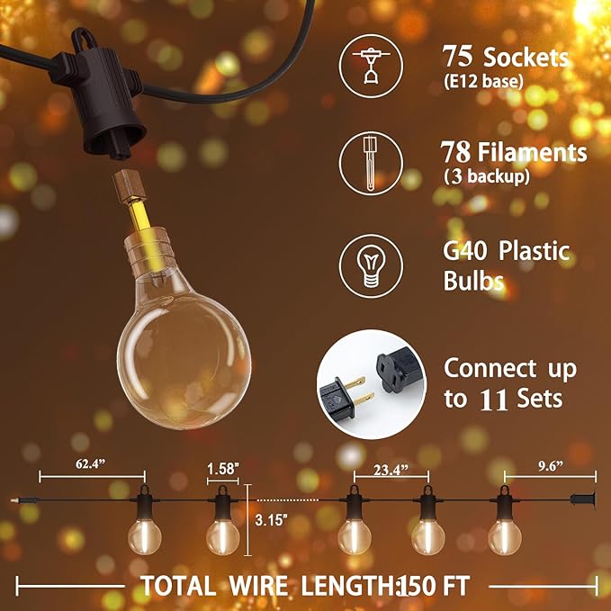 Outdoor String Lights,100 Feet Led Patio Globe Lights with Plastic Bulbs,Waterproof,Shatterproof,G40 Outdoor String Lights with,Connectable Hanging for Backyard, Bistro, Porch, Deck, Balcony,Tent