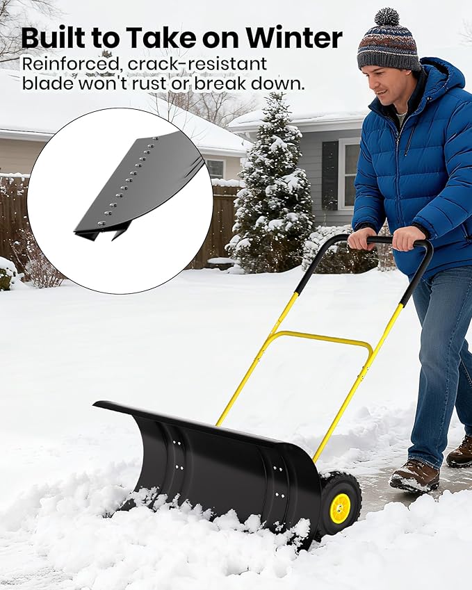 36” Snow Shovel for Driveway,Heavy Duty Wheeled Rolling Shovels 5 Position Angled Blade, Ergonomic Handle & Rubber Wheels for Efficient Snow Removal, Snow Plow for Doorway,Driveway and Sidewalks