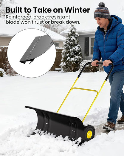 36” Snow Shovel for Driveway,Heavy Duty Wheeled Rolling Shovels 5 Position Angled Blade, Ergonomic Handle & Rubber Wheels for Efficient Snow Removal, Snow Plow for Doorway,Driveway and Sidewalks