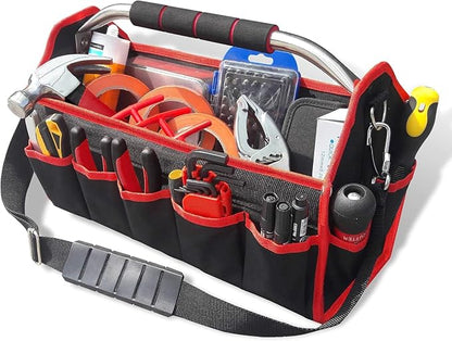 HAUTMEC 16 Inch Tool Bag, Foldable Open Top Tool Tote with Adjustable Shoulder Strap, 16 Pockets, Molded Base & Padded Handle, Portable Electrician Tool Organizer for DIY & Jobsite Use – TB0002