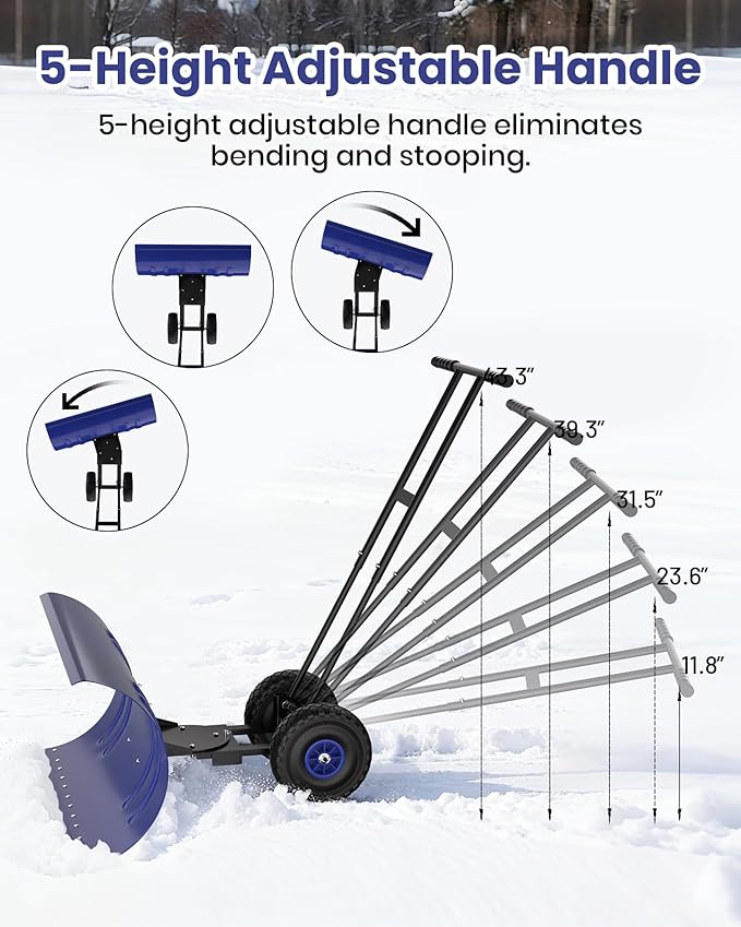 36” Snow Shovel for Driveway,Heavy Duty Wheeled Rolling Shovels 5 Position Angled Blade, Ergonomic Handle & Rubber Wheels for Efficient Snow Removal, Snow Plow for Doorway,Driveway and Sidewalks