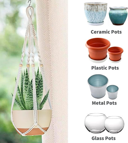 35 Inch Macrame Plant Hanger Indoor Outdoor Fits 4 to 15 inch pots Hanging Planter Basket with Wood Beads and No Tassels,Boho Home Decor,Ivory,Set of 2 (Pots Not Included)