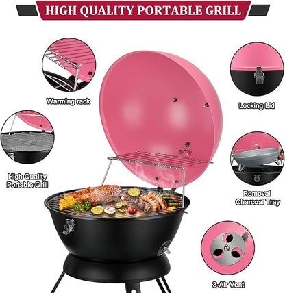 14inch Portable Charcoal Grill with Warming Rack, Small bbq Charcoal Grill Tabletop Foldable Grills for Backyard, Camping, Pink