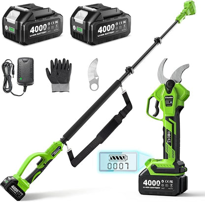 2-in-1 Electric Pruning Shears Cordless: 1.6" Cutting Diameter Brushless Pole Pruner - 2 x 4.0Ah Batteries, Extra SK5 Blade, 4 Cutting Modes Branches Cutter for Flower Tree Trimming