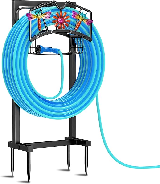 Garden Hose Holder, Freestanding Water Hose Holder with Storage Basket, Heavy Duty Metal Hose Reels Hanger Stand Organizer with 4 Spikes for Outside Yard Lawn Black