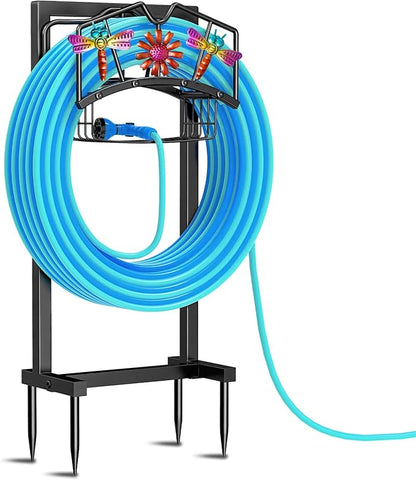 Garden Hose Holder, Freestanding Water Hose Holder with Storage Basket, Heavy Duty Metal Hose Reels Hanger Stand Organizer with 4 Spikes for Outside Yard Lawn Black