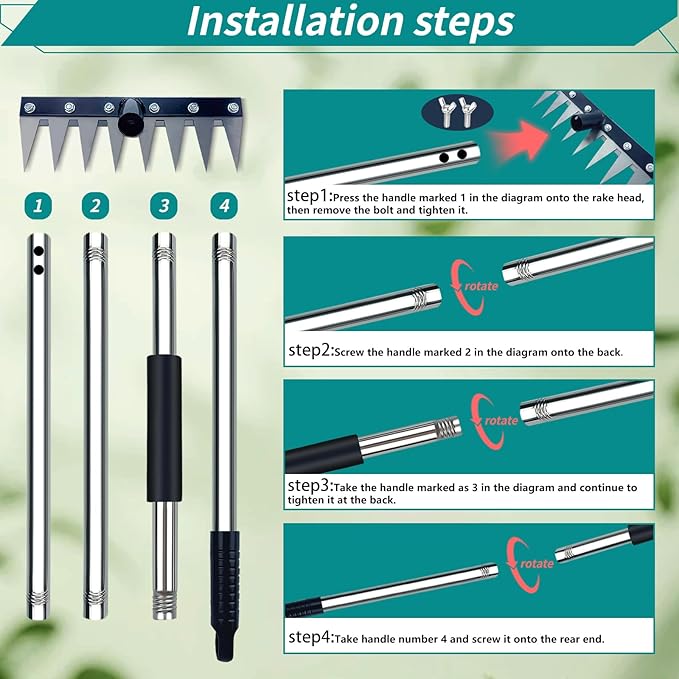 Garden Rake, 8 Tines Garden Weeding Rake with Sharp Blade with Steel Adjustable Handle (31'' to 63''), Garden Weed Puller Tool for Clearing Weed, Loosening Soil and Flower Beds