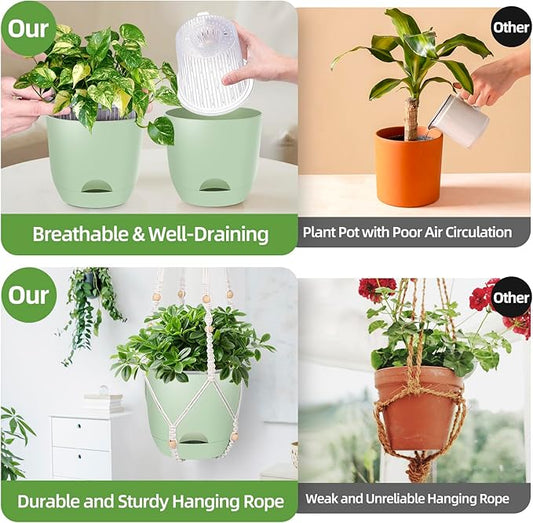 2-Pack 5.7-Inch Self-Watering Hanging Planters for Indoor & Outdoor Plants,34Inch Macrame Hanger Plant Pots Indoor with Drainage,Small Hanging Planters & Baskets,With Two Sets of Hooks（Pure green）