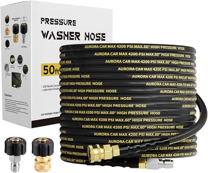 Pressure Washer Hose 50FT with 3/8 Inch Quick Connect, Kink Resistant High Tensile Wire Power Washer Hose, Industry Grade for Power Washer Hose with 2 pcs M22 14mm Adapter Set,4200 PSI