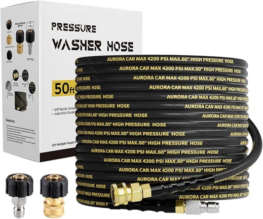 Pressure Washer Hose 50FT with 3/8 Inch Quick Connect, Kink Resistant High Tensile Wire Power Washer Hose, Industry Grade for Power Washer Hose with 2 pcs M22 14mm Adapter Set,4200 PSI