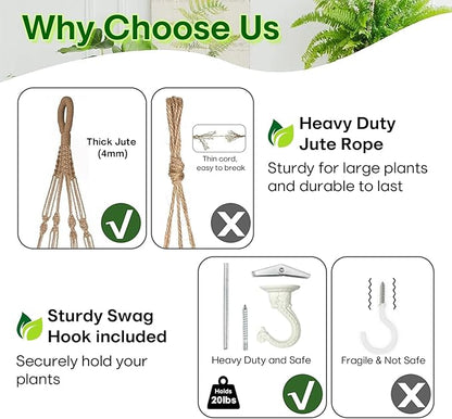 2PK 43 Inches Macrame Planter Hanger Large for 12 inch Pot + Swag Hook (Extra Long & Big) | Large Hanging Planter for Indoor Plants | No Tassel, Cotton Rope, NO Pot/Plant Included (Jute)(XL)