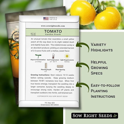 Sow Right Seeds - Garden Peach Tomato Seeds for Planting - Non-GMO Heirloom Packet with Instructions to Grow an Outdoor Home Vegetable Garden - Unique Peach-Shaped Tomato - Great Gardening Gift