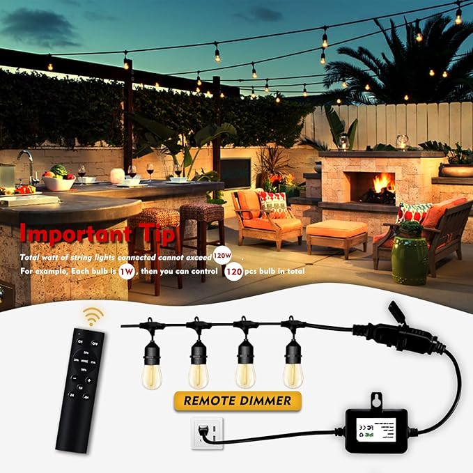 120W(Max) Remote Dimmer Timer Function Plug in for All Outdoor String Lights, Patio Lights, Led Lamp, Lamp in 100FT Remote Control Distance