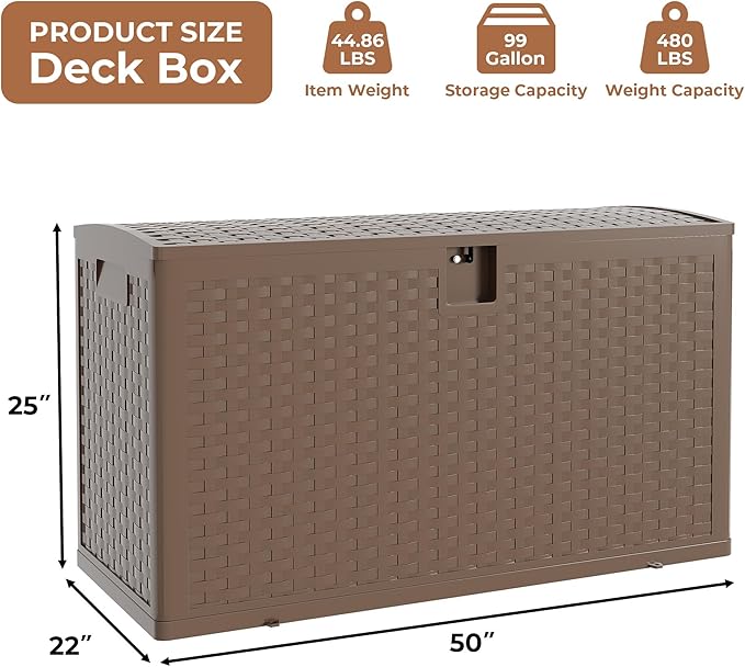 99 gal Brown Resin Deck Box, Outdoor Storage Box Waterproof Lockable, Patio Deck Box For Package Delivery, Outside Storage Box Container for Furniture Cushions, Garden Tools, Pool Accessories