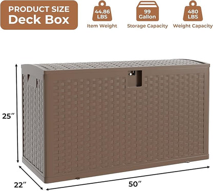 99 gal Brown Resin Deck Box, Outdoor Storage Box Waterproof Lockable, Patio Deck Box For Package Delivery, Outside Storage Box Container for Furniture Cushions, Garden Tools, Pool Accessories