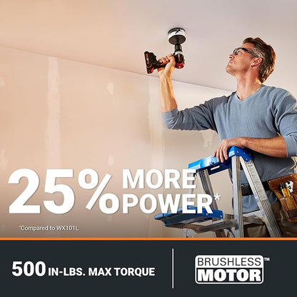 Worx Nitro 20V Cordless 1/2" Drill Driver With Brushless Motor - Compact & Lightweight Set Only 6" and 3 lbs. - Power Share Compatible WX130L - Batteries & Charger Included, Black