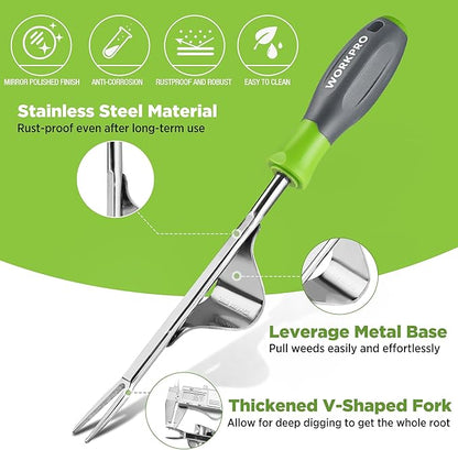 WORKPRO Weed Puller Tool, Metal Leverage Base and V-Shaped Forks for Easy Weed Removal & Deeper Root Digging, Heavy Duty Stainless Steel with Soft Handle, Manual Hand Weeder for Gardening