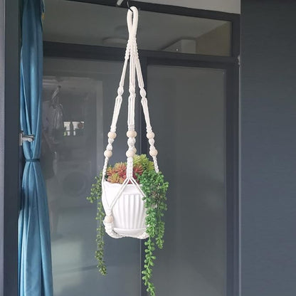 Macrame Plant Hanger 35", No Tassel Hanging Plant Holder, Sturdy Flower Pot Holder with 2 Hooks - Ivory