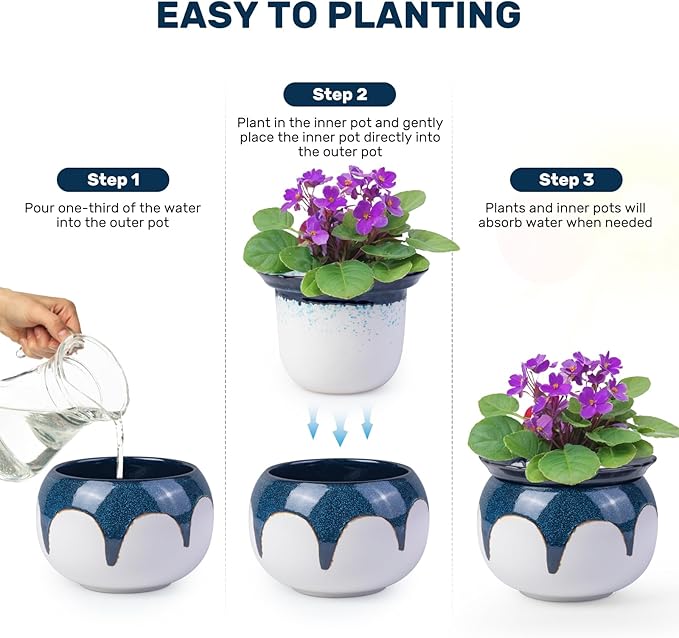 African Violet Pots, 6 Inch Self Watering Pots for Indoor Plants, Easy Plant Self Watering Planter, Ceramic Plant Pot with Absorbent Inner Pot for Flowers - Gradient Blue (No Plants)