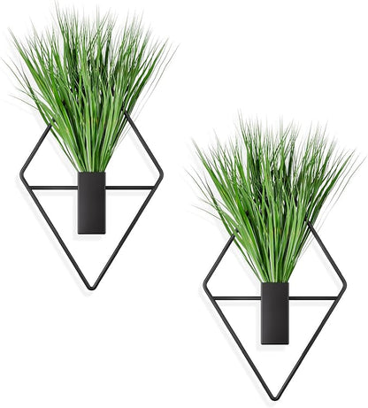 Cute Set of 2 Small Wall Hanging Planters, 10x5 Inch Mini Geometric Wall Vase with Artificial Plants, Compact Boho Farmhouse Decor for Bathroom, Living Room, Bedroom, Office (Black)