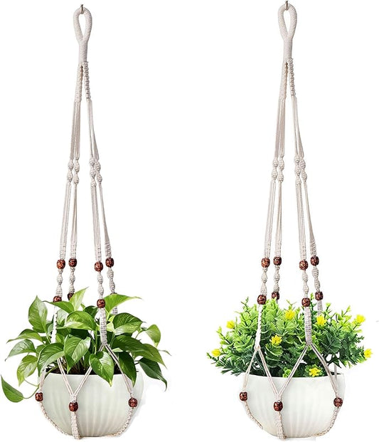 35 Inch Macrame Plant Hanger, Hanging Planter Basket with Wood Beads, Decorative Flower Pot Holder for Indoor Outdoor Boho Home Decor, Set of 2 (Ivory)