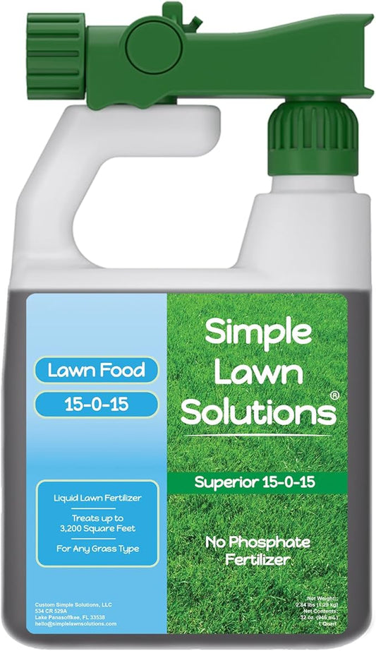 Superior 15-0-15 Liquid Lawn Fertilizer - Lawn Food for Growth & Green - Nitrogen, Potassium, Humic, Fish & Seaweed - Any Grass Type- Simple Lawn Solutions - All Season- Attached Sprayer (32 Ounce)