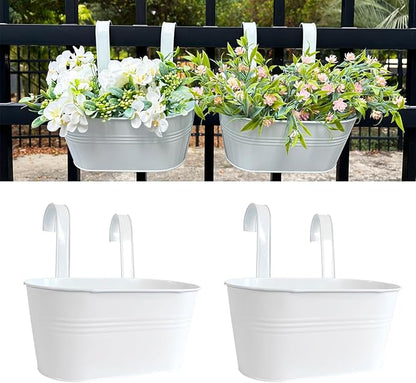 10" Hanging Flower Pots, Pack of 2 White Metal Outdoor Patio Balcony Planter, Railing Planters Fence Pot with Detachable Hook & Drainage Hole for Small Plants (White, 2Pcs)
