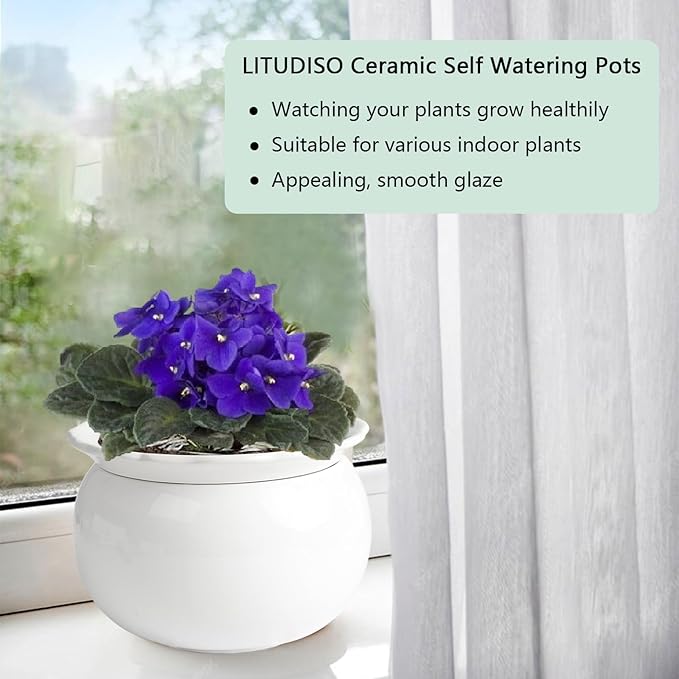 African Violet Pots, 6 Inch Self Watering Pots for Indoor Plants, Self Watering Plant Pot, Easy Plant Self Watering Pot, Ceramic Plant Pot with Absorbent Inner Pot for Flowers-White