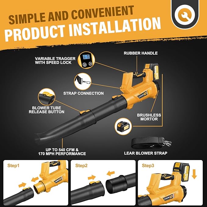 Leaf Blower, 20V Leaf Blower Cordless with 2 X 6.0Ah Batteries and Charger Included, 540CFM 170MPH & 6 Speed Mode, Handheld Electric Leaf Blower for Lawn Care, Yard, Garden and Dust