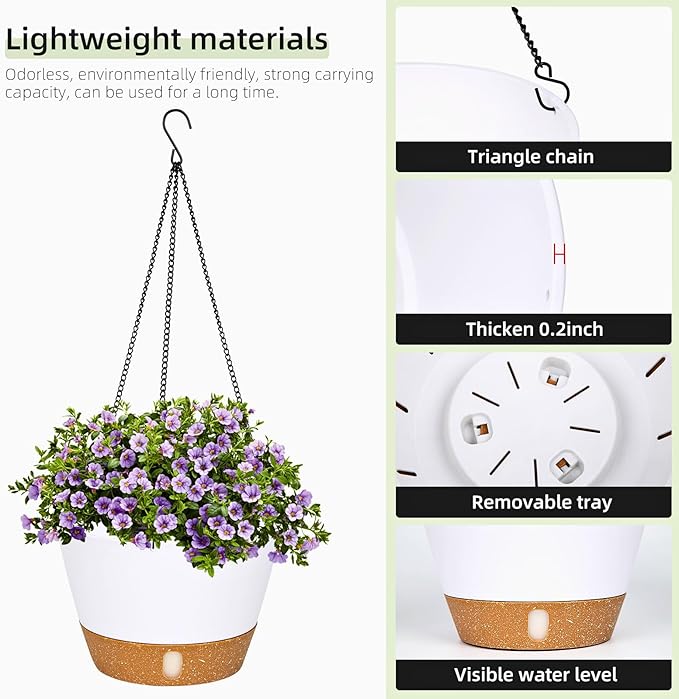 QCQHDU 2 Pack 8 Inch Hanging Planters for Indoor Outdoor Plants, Hanging Baskets Flower Pots with Reservoir Tray & Visible Water-Level