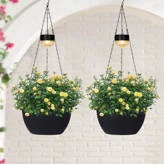 SUNNYPARK 2 Packs Hanging Planters Basket for Outdoor Plants, Solar Powered Self Watering Black Round Plastic Flower Pots with Drainer for Balcony Patio Garden Outdoor Decoration
