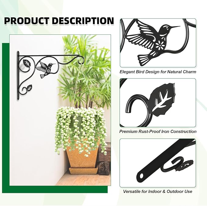 2 Packs Plant Hooks for Hanging, 12 Inch Indoor/Outdoor Metal Wall Black Hangers, Sturdy Plant Bracket for Planters, Wind Chimes, Lanterns, Bird Feeders, Garden, Home, Patio Decor