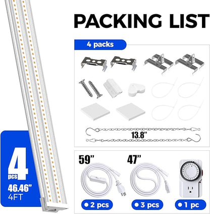 Barrina TX-S60 Grow Lights for Seed Starting, 240W(4 x 60W, 1680W Equivalent), High PPFD, Full Spectrum, Mechanical Timer, Linkable, Hanging Light, Grow Light for Indoor Plants, Vegetables, 4 Packs