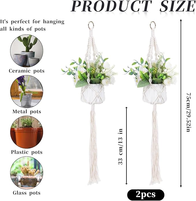 Macrame Plant Hanger, 2 Pack Boho Hanging Planters Baskets with Hooks, Crochet Braided Cotton Rope Flower Pot Holder for Indoor Outdoor Home Decor, No Tassels, Ivory, 20 Inches