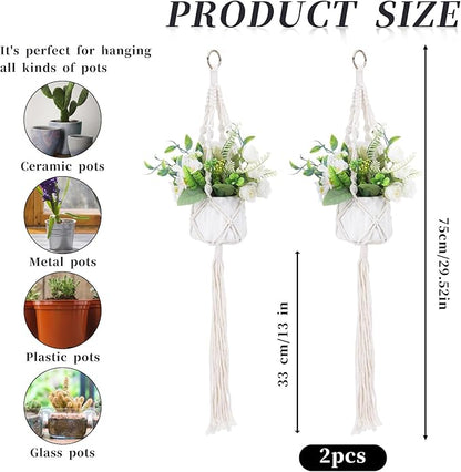 Macrame Plant Hanger, 2 Pack Boho Hanging Planters Baskets with Hooks, Crochet Braided Cotton Rope Flower Pot Holder for Indoor Outdoor Home Decor, No Tassels, Ivory, 20 Inches