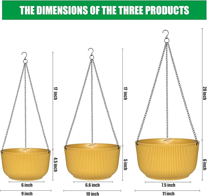Hanging Planters 9/10/11 Inch for Indoor Plants, 3 Pack Plant Hanger Outdoor with Drainage Holes, Self Watering Hanging Basket Flower Pot for Garden Home Decor, Yellow