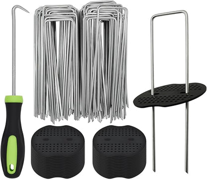 BDS-HOME 100sets Heavy Duty Garden Landscape Staples and Fixing Gasket with 1pc Pick Hook, 11 Gauge U Shaped Lawn Staples for Irrigation Hoses, Yard Weed Barrier, Fences and Tents, Decorations Fixed