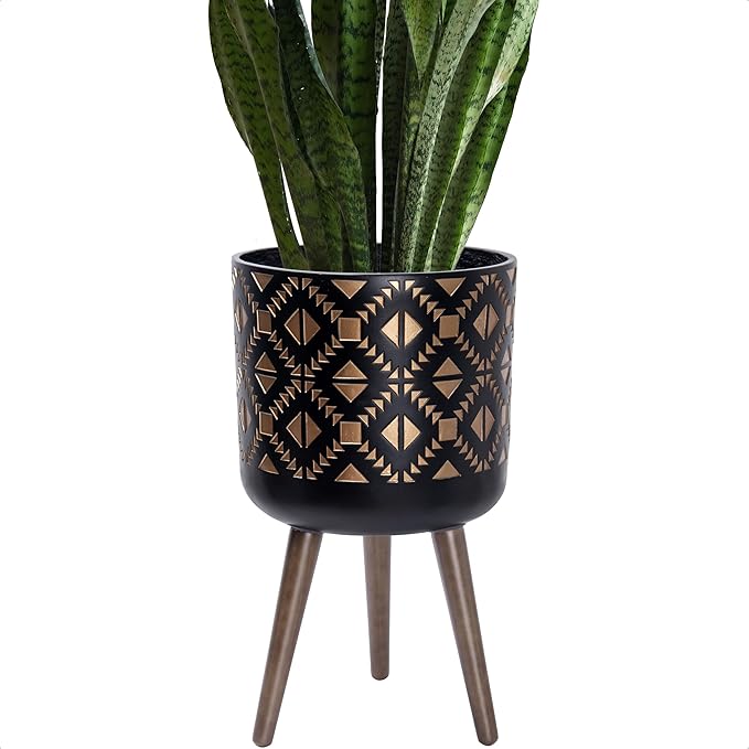 D'vine Dev 12 Inch Planter Pot with Stand, Mid-Century Tall Plant Pot with Legs for Indoor Plants, Bronze/Black, 88-G-C-6